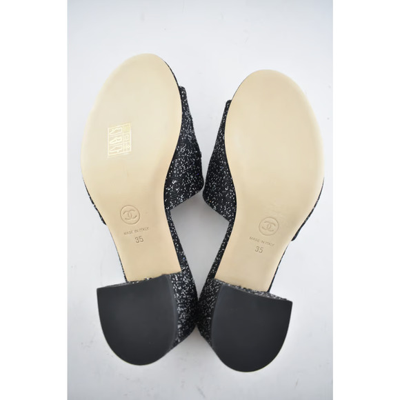 Chanel 19P Black White Fabric CC Logo Backless Slide Mule Sandal Block Heel 35 - Picture 11 of 12